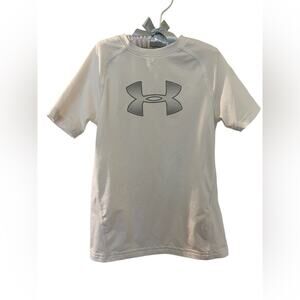 Under Armour Boys Heatgear Large Logo White Fitted Tee Top SZ YSM